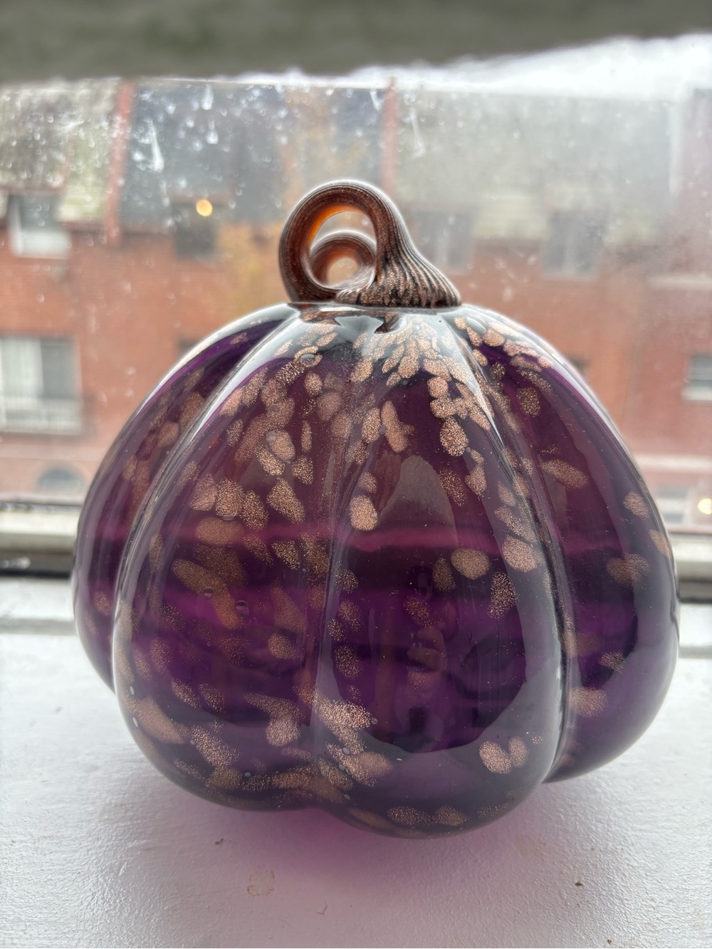 Hand-Blown Glass Pumpkin Ornament in Purple with Gold Accents